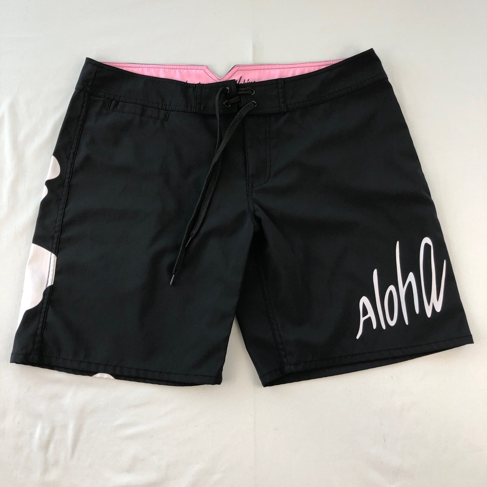 Vintage Honolua Wahine Women Black w/ Hibiscus Board Shorts Size 11